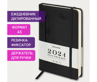 Ежедневник датированный 2024 А5 138x213 мм BRAUBERG "Optimal", под кожу, резинка-фиксатор, держатель для ручки, черный, 114973