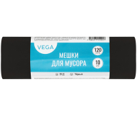 Мешки для мусора 120л Vega ПНД, 70*110см, 15мкм, 10шт., прочные, черные, в рулоне, 344028