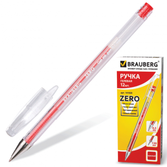 Ручка гелевая, корпус прозрачный, толщина письма 0,5 мм, красная BRAUBERG "Zero" 141020